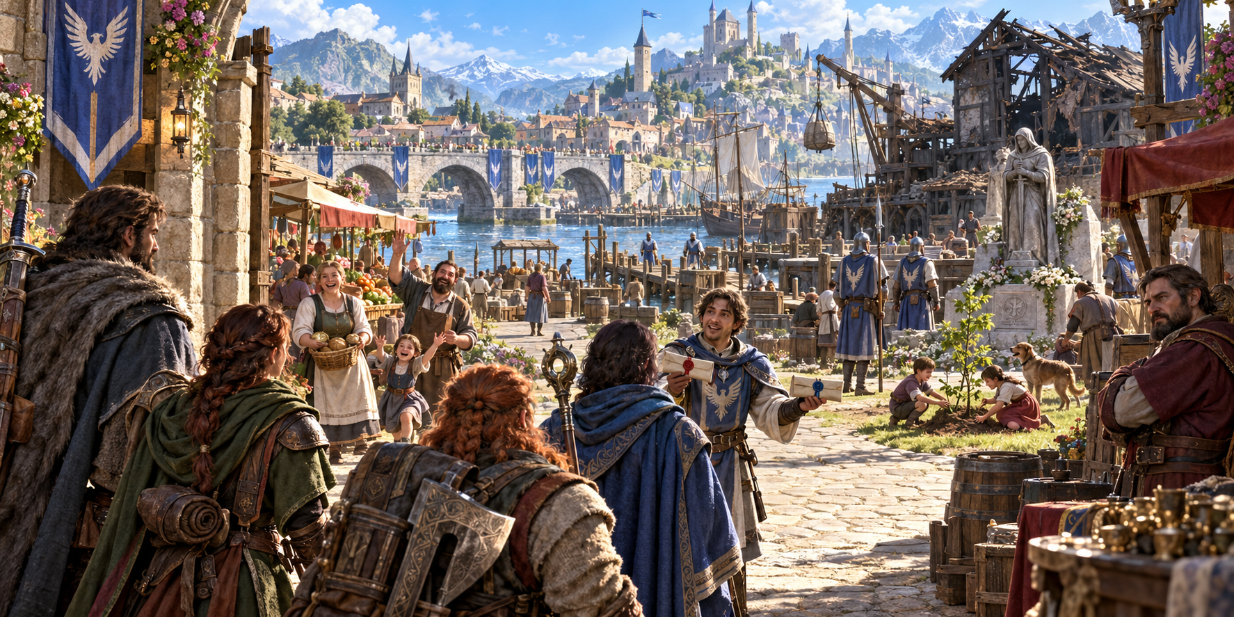 Illustration of returning adventurers meeting a messenger beside locals a sapling and a damaged building