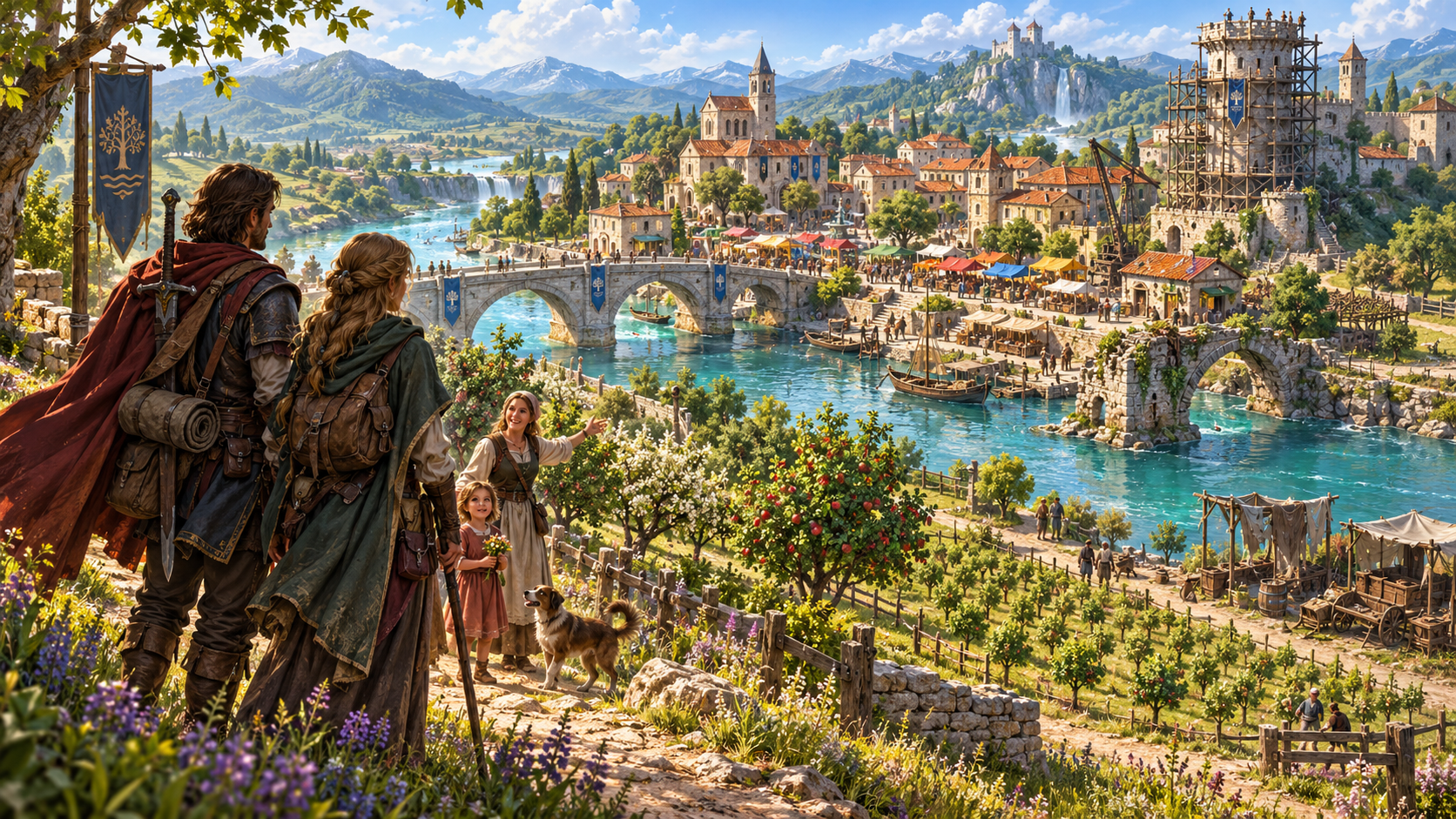 Illustration of returning adventurers overlooking a changed riverside town with a family and rebuilding